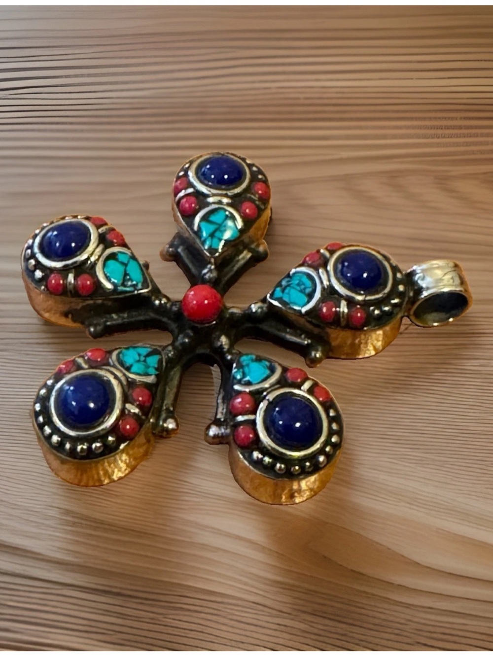 Handcrafted Vintage Style Artisan Floral Pendant Inlay Stones Set In Silver 18gr - Picture 7 of 9